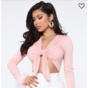 Pink faux-fur tie up crop top